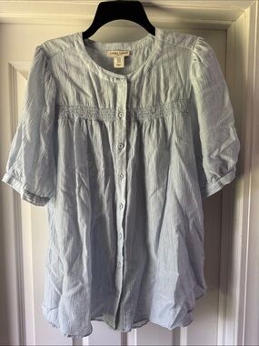 Laura Ashley Pale Blue Pintuck Button-Front Blouse